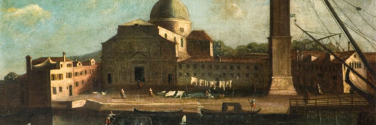 Church of the Redeemer on the Zattere, 1700-1800, with clothes laid out in front of the church, gondolas and people passing by