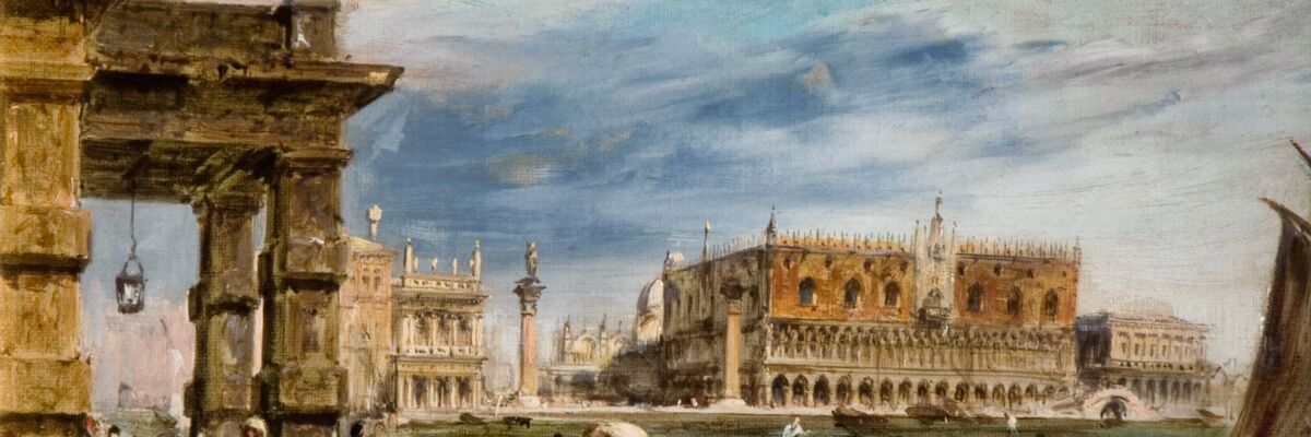 Punta della Dogana, 1864, with people at work and a view of the Doge's Palace, St. Mark's Columns and Palazzo della Zecca in the background.