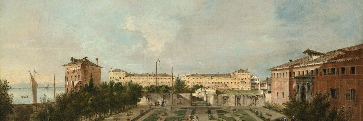 Dipinto a colori di Francesco Guardi: ritrae l'interno di Palazzo Contarini dal Zaffo e nello specifico il suo giardino. A sinistra uno scorcio di laguna con le montagne all'orizzonte, poi vari palazzi e in primo piano il giardino con alcune persone a passeggio. È un giardino decorativo, come in uso in quel periodo, con aiuole ben disegnate e non moltissimo verde.