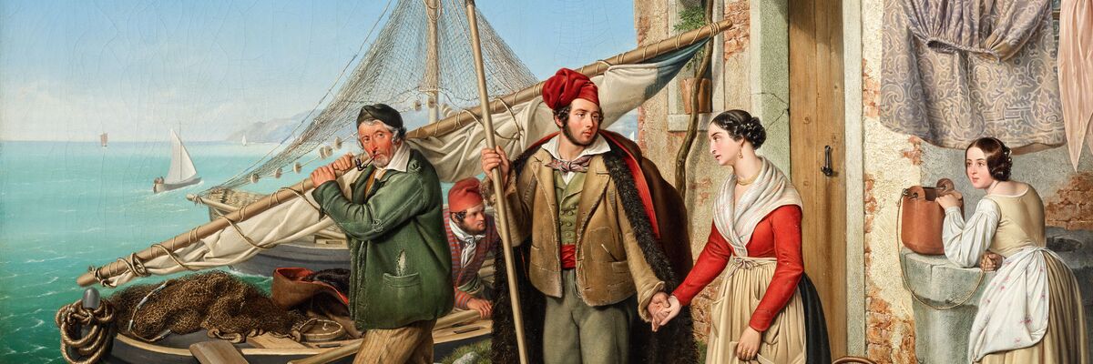 Dipinto a colori: una famiglia veneziana di pescatori, in partenza dalla casa.