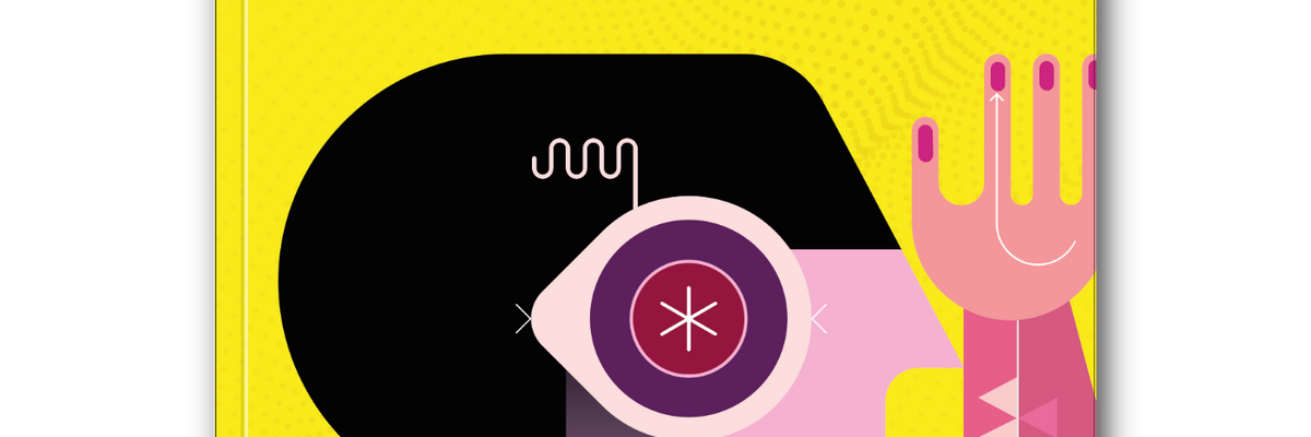 Copertina del libro "L'inganno dell'automa" di Carola Frediani, pubblicato da Venipedia. Su sfondo giallo c'è un'illustrazione moderna che raffigura in modo molto stilizzato una forma astratta che richiama le fattezze di una persona, senza genere identificabile.