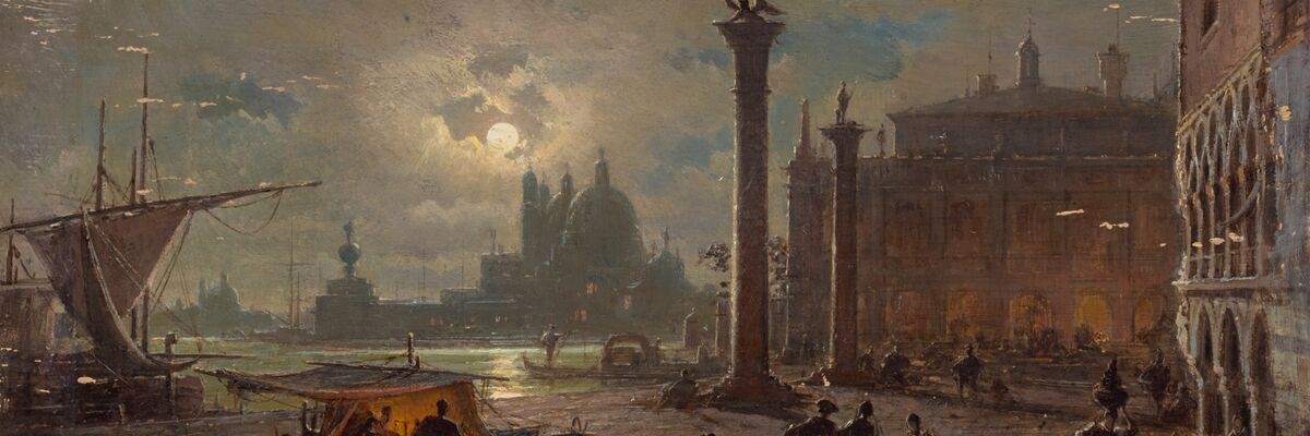 Nineteenth-century colour painting depicting St. Mark's Square in Venice at night: the lagoon is illuminated by the moon, partially covered by clouds; moored boats are visible on the left, the columns of St. Mark and St. Todaro are in the centre, while the Basilica of Santa Maria della Salute can be seen in the background. Figures in period clothing walk along the shore in the foreground.