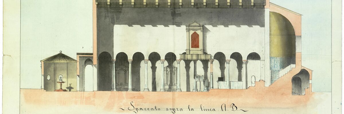 Disegno a colori: Il battistero e la chiesa di S. Maria Assunta di Torcello, sezione longitudinale, 1825