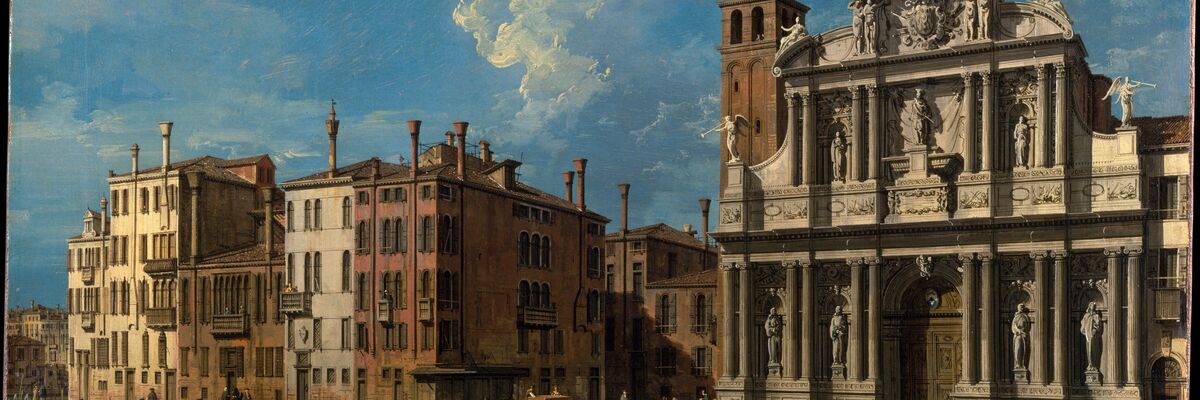 Colour painting of the church and square of Santa Maria del Giglio, by Canaletto.