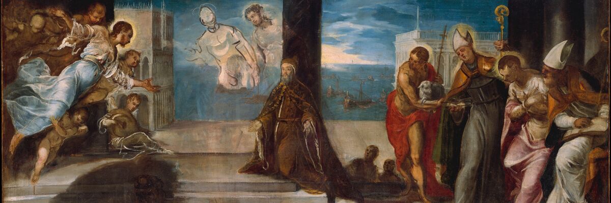 Dipinto a colori: composizione allegorica di Tintoretto che ritrae il doge Alvise Mocenigo inginocchiato dinanzi a Cristo Redentore. A sinistra, Cristo discende circondato da putti e angeli; al centro, il doge in vesti dorate prega tra colonne classiche. A destra, figure di santi in abiti liturgici e un personaggio con un agnello lo presentano alla divinità. Sullo sfondo, una veduta marina veneziana con galee sotto un cielo crepuscolare. Pennellate dinamiche e forti contrasti luminosi.