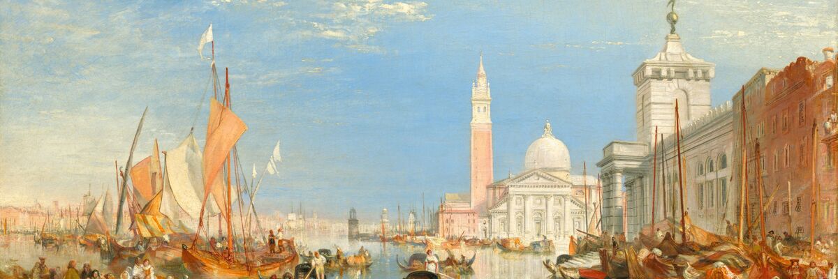 Colour painting: a view of Venice from the Grand Canal. In the centre stands the Church of San Giorgio Maggiore, with its white dome and tall bell tower. The water is teeming with gondolas and sailing boats with orange and white sails that reflect a golden light. On the right is the Punta della Dogana. The style is characterised by the atmospheric and luminous brushstrokes typical of Turner, with a blue sky streaked with light clouds that blend into the radiant horizon.
