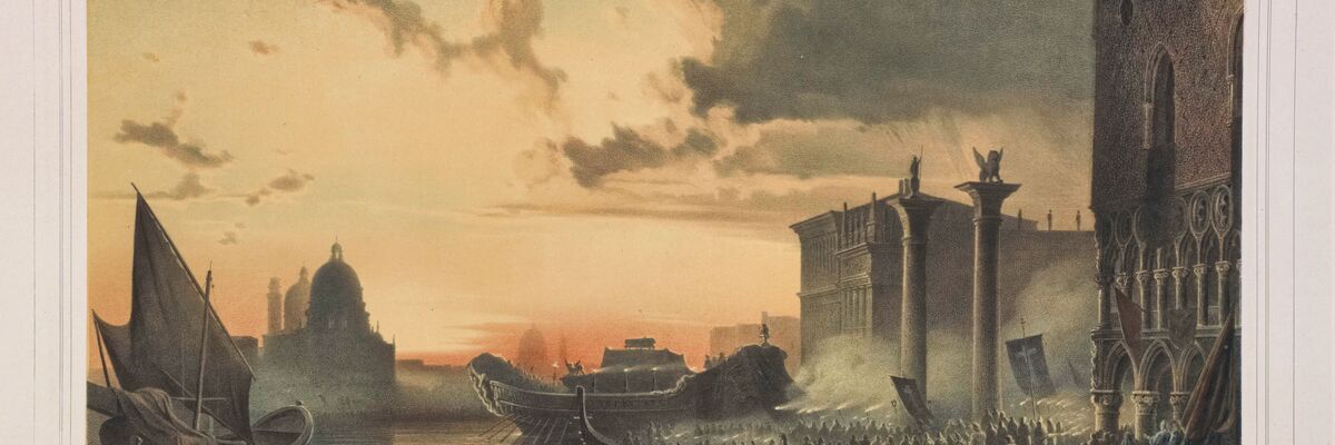 Scena che ritrae il funerale di un Doge veneziano, al tramonto, di fronte a Palazzo Ducale di Venezia. Varie imbarcazioni, persone e fiaccole accese.