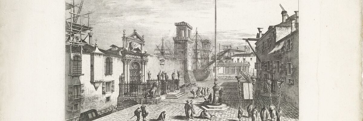 Monochrome illustration: an etching by Michele Marieschi depicting the monumental entrance to the Arsenale in Venice. On the left stands the land gate with the Lion of St Mark and the statues on the gate, flanked by large stone lions. A tall banner flies in the centre, whilst in the background the towers and masts of the ships under construction are visible. The square is brought to life by figures of passers-by in 18th-century dress, rendered with detailed contrasting engraved lines.