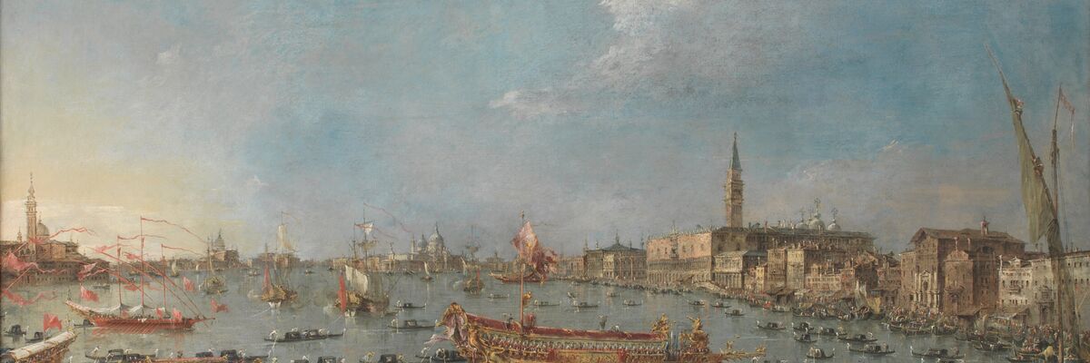 Colour painting: a panoramic view of St Mark’s Basin during the Sensa festival. At the centre stands the Bucintoro, the Doge’s sumptuous golden galley, surrounded by a multitude of gondolas and festive boats. In the background, one can make out the Doge’s Palace, the Campanile and the Basilica della Salute beneath a blue sky dotted with light clouds. Francesco Guardi’s vibrant brushstrokes capture the movement of the water and the festive atmosphere of eighteenth-century Venice.