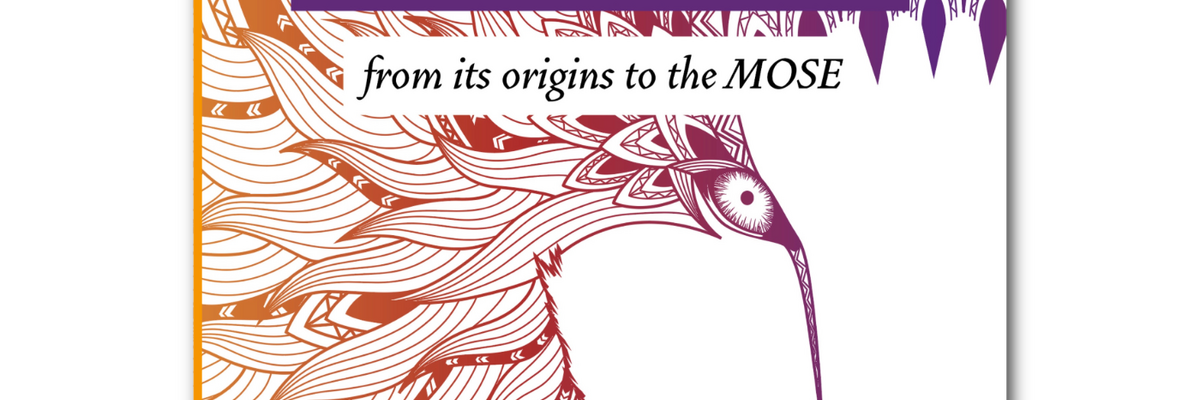 Cover of the book *A Pocket History of Venice* by Maurizio Vittoria: a stylised lion drawn in very crisp lines, with a colour gradient applied to the lines ranging from orange to purple, from left to right. The author’s name is written in purple on a white rectangle and the book’s title is in white on a purple background rectangle. The Venipedia logo at the bottom is similarly styled.