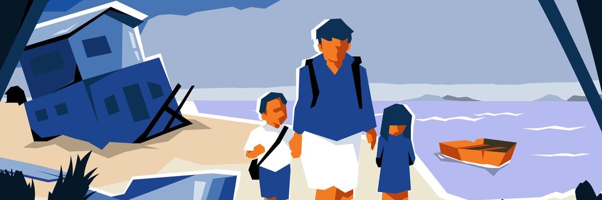 Colour illustration: woman with children, displaced from their home after a storm, in a coastal area. Dominant colours are blue and sand.