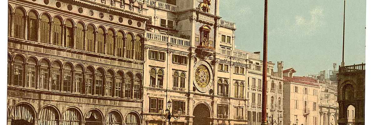 Visuale sul palazzo della Torre dell'Orologio chiamato anche Torre dei Mori e sulla piazza San Marco (Library of Congress - Detroit Publishing Company).