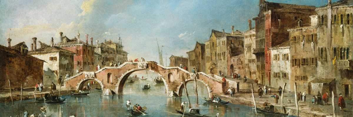 View of the Tre Archi bridge, from the Canale di Cannaregio, painted by Francesco Guardi. In colour.