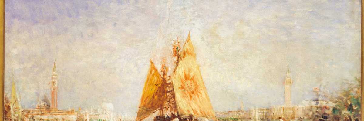 Trabaccolo with yellow sail, in the Venice lagoon