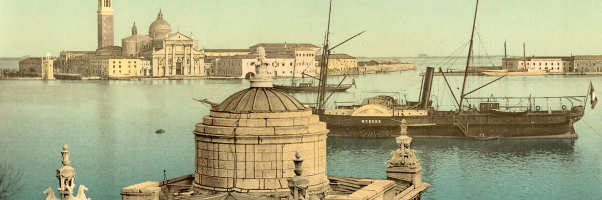 Veduta sull'isola di San Giorgio Maggiore, con nave a vapore