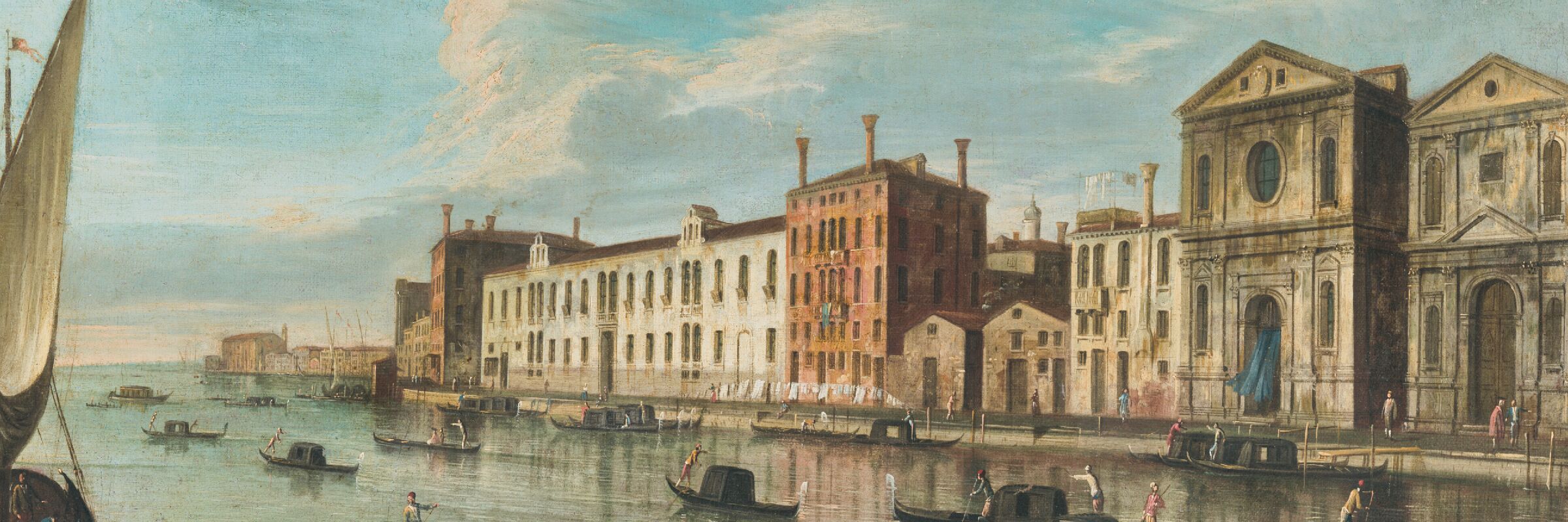 An 18th-century painting depicting a Venetian landscape of the Giudecca Canal. Several traditional gondolas navigate the calm waters, steered by gondoliers in period clothing. Along the canal stands a row of elegant Venetian palaces in classical and Renaissance style, with façades in white, pink and brown tones. On the right, the Church of the Holy Spirit at Zattere (Chiesa dello Spirito Santo alle Zattere) is prominent with its monumental façade. The sky is clear, a bright blue with soft white clouds, crea