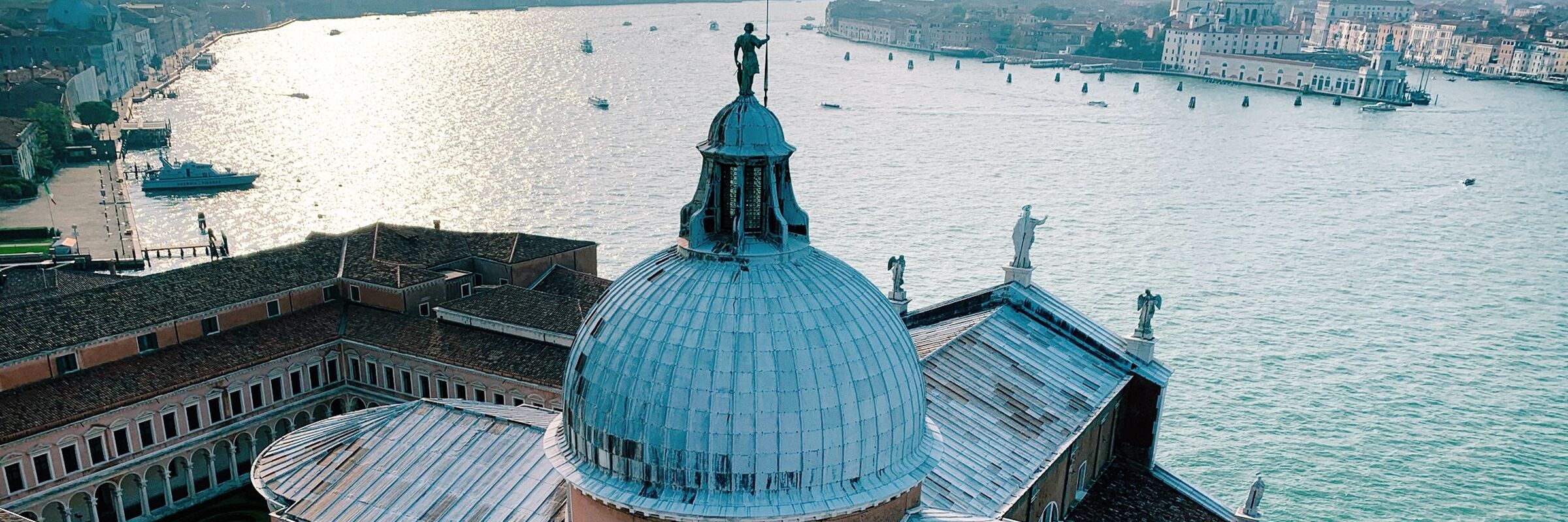 Island of San Giorgio Maggiore seen from the Campanile di San Giorgio towards Punta della Dogana and the Giudecca Canal