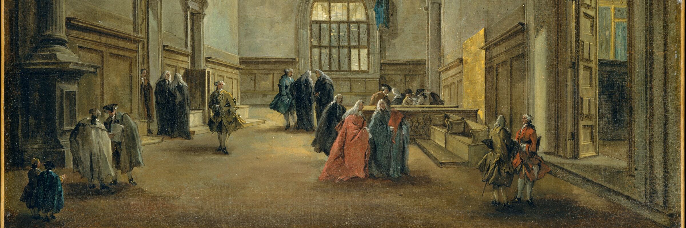 Dipinto a colori: veduta prospettica dell'anticamera della Sala del Maggior Consiglio nel Palazzo Ducale di Venezia. Lo spazio è ampio, con soffitto a travi lignee e pareti rivestite in legno. Un'alta finestra gotica illumina il fondo, mentre a destra un portale aperto svela un'altra sala. Numerosi personaggi in abiti settecenteschi, tra cui nobili in toga rossa e nera e figure con parrucche, animano la scena conversando a piccoli gruppi sul pavimento in graniglia.