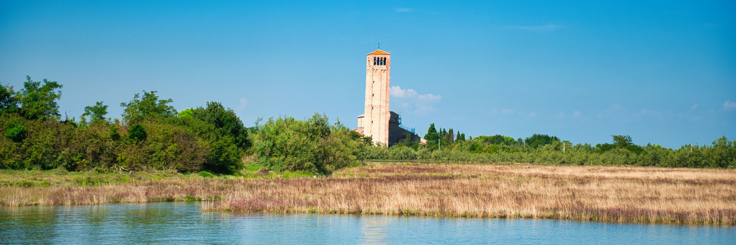 Foto a colori: il campanile di Torcello e parte della basilica visti dall'acqua. In primo piano l'acqua della laguna e vegetazione mista.