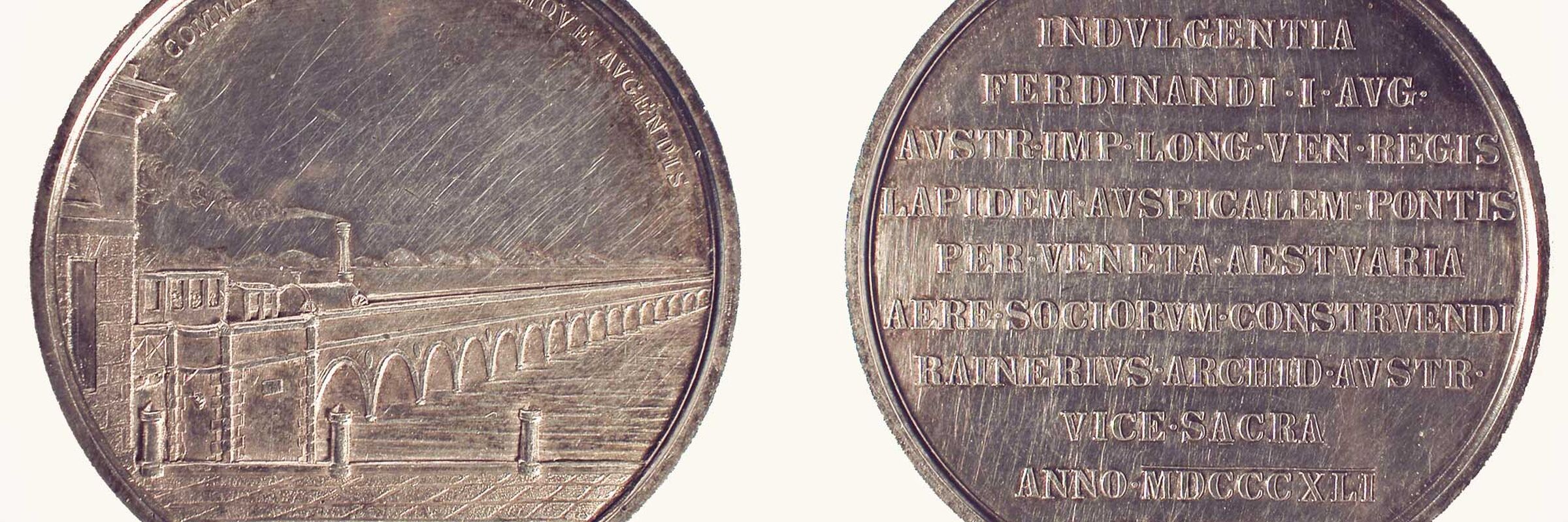 Medaglia celebrativa: posa prima pietra del ponte ferroviario sulla Laguna di Venezia. Luigi Ferrari, 1841.