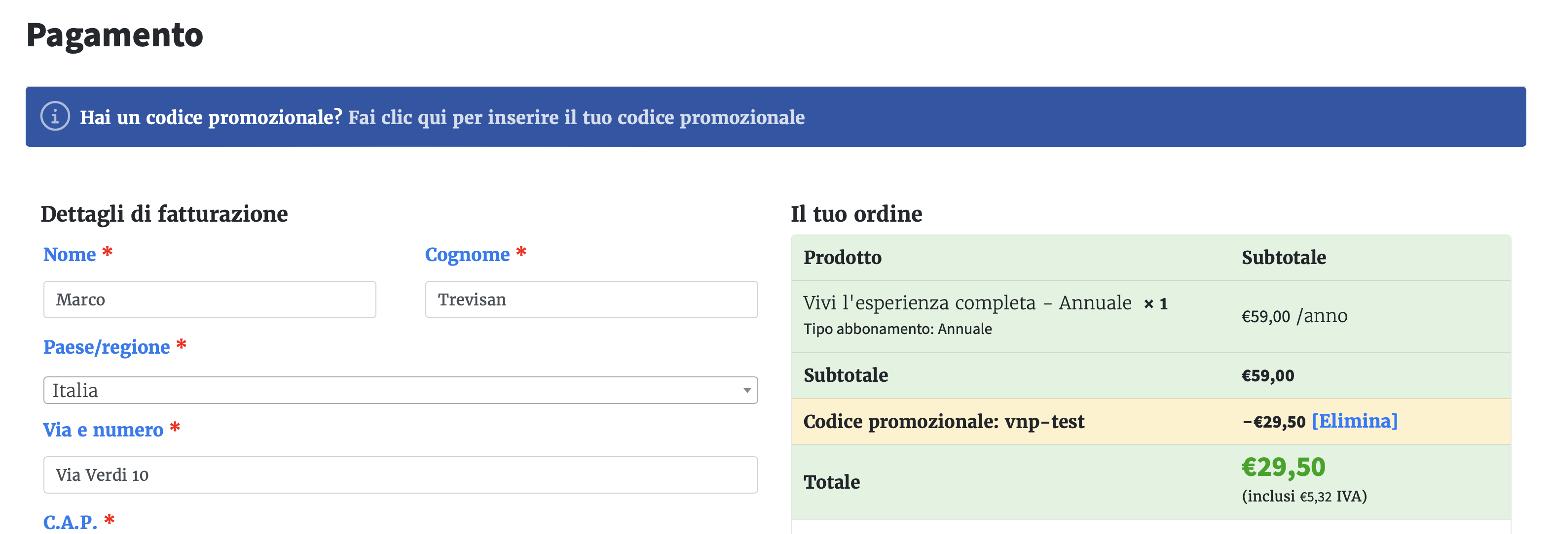 Codice sconto - Checkout - Coupon applicato correttamente