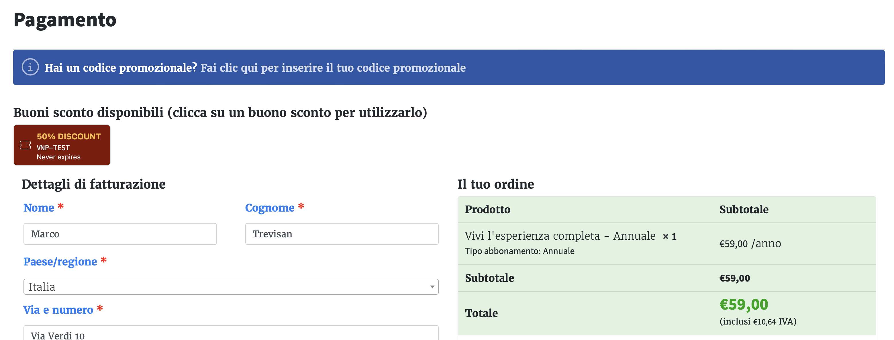 Mercante - Codice sconto - Checkout - Coupon visualizzato