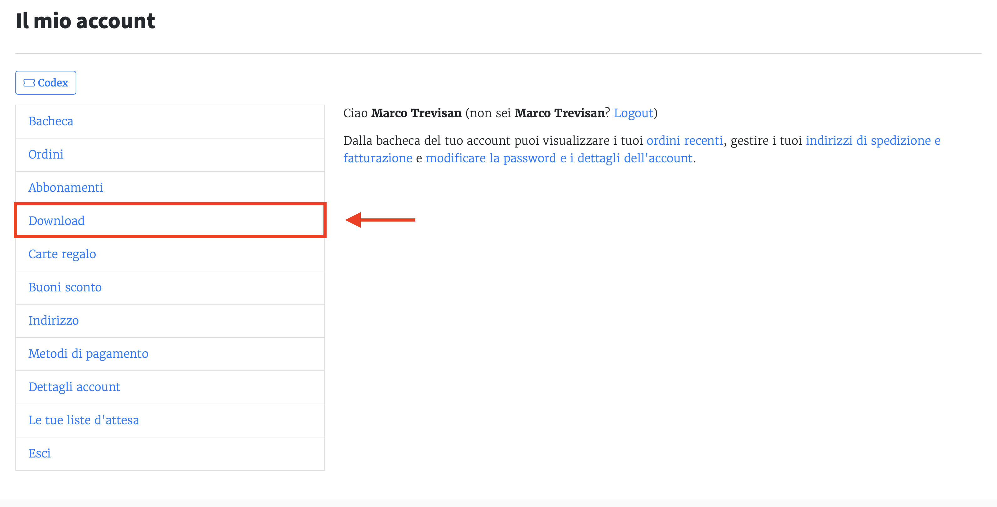 La sezione download nell'area del tuo account personale