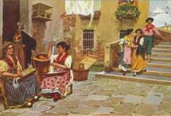 Donne veneziane, alcune intente nell'arte del merletto, altre in passeggiata.